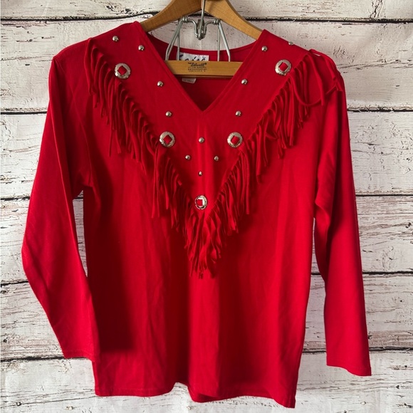 Vintage Western Size Small S Red Fringe Long Sleeve Top Shirt with Studs - Picture 1 of 3